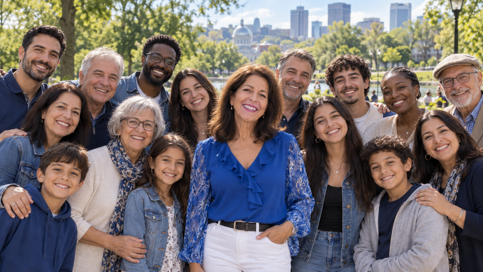 Lucilia Miranda au centre d’une grande famille, dans un parc ensoleillé à Montréal