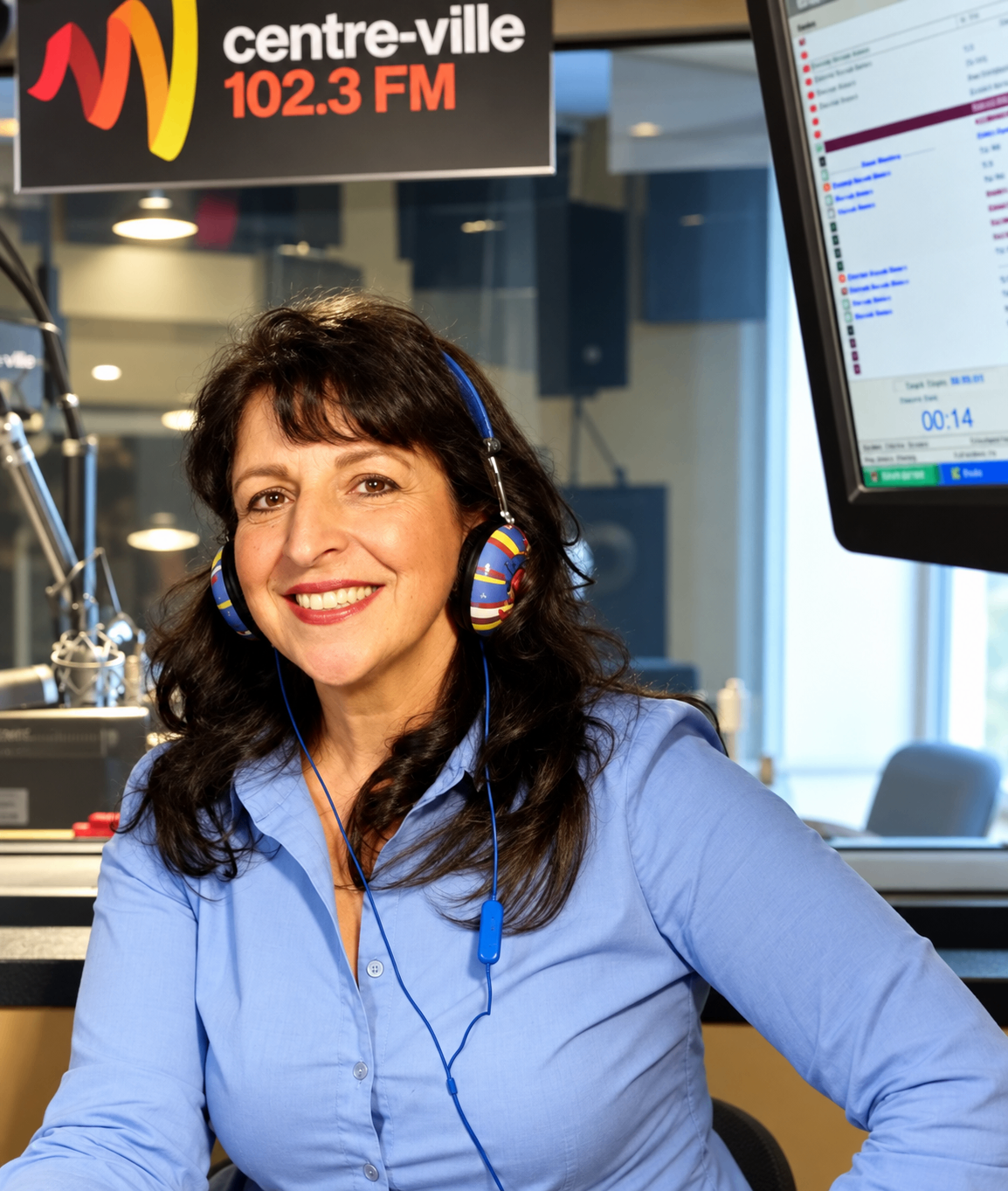 Lucilia Miranda au studio de radio Centre-ville 102.3 FM